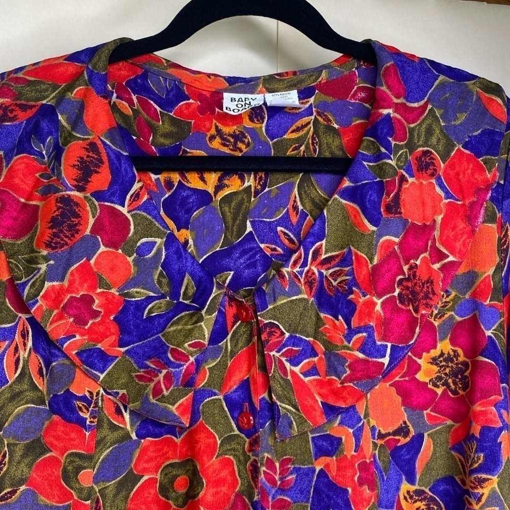 Vintage Oversized Collar Long Sleeve Red Floral Tunic Grandma Sz Med